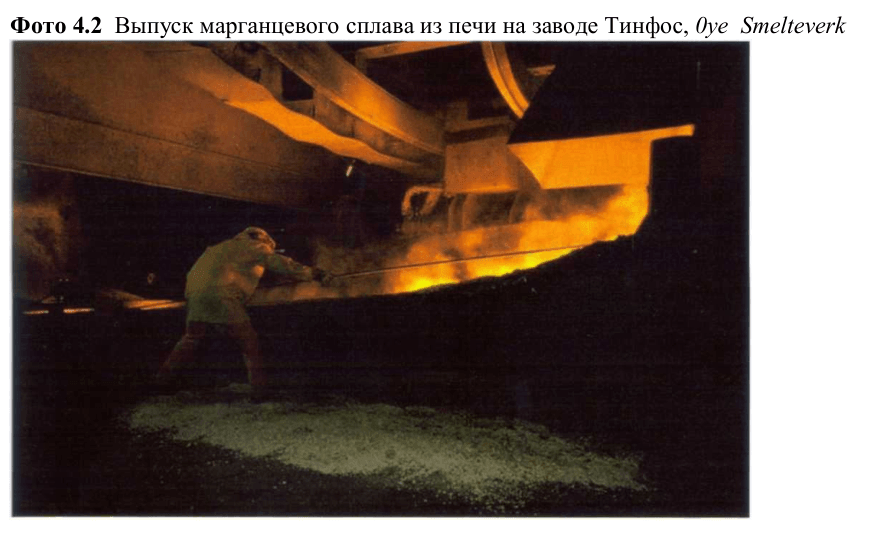 Выпуск марганцевого сплава из печи на заводе Тинфос